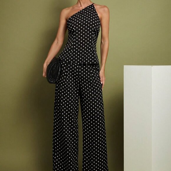 Women's Polka Dot Shoulder Top & Pants Set, Minimalist Wear Classic - Picture 1 of 7